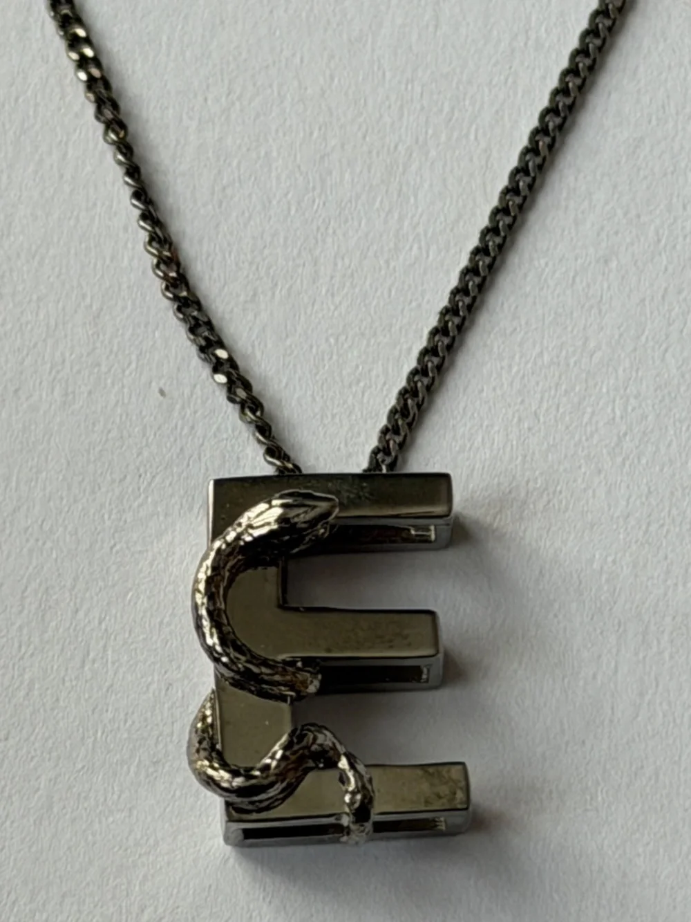 Saint Laurent YSL Sterling Silver E Initial Letter Snake Pendant Chain Necklace
